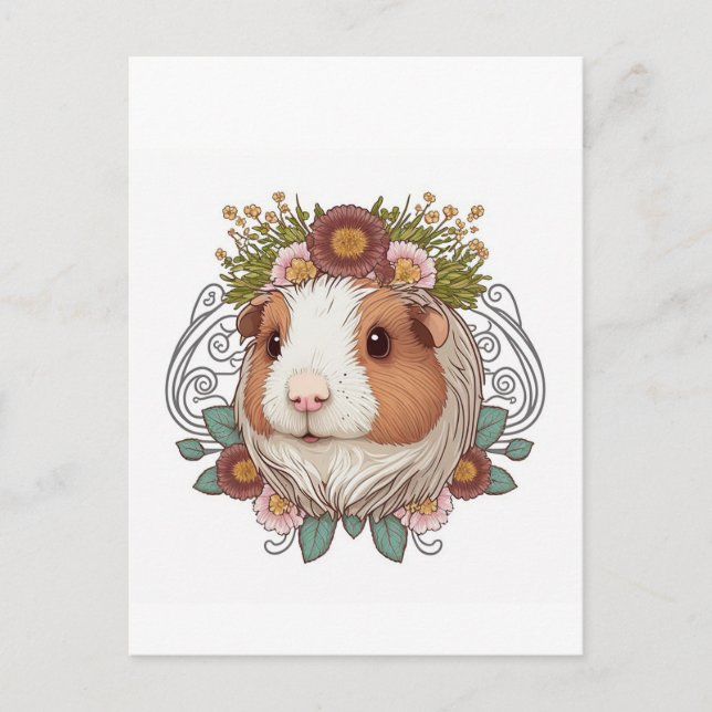Brown and White Guinea Pig and Flowers  Postcard (Front)