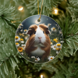 Brown And White Guinea Pig Moon And Daisies, Ceramic Tree Decoration