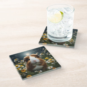 Brown And White Guinea Pig Moon And Daisies, Glass Coaster