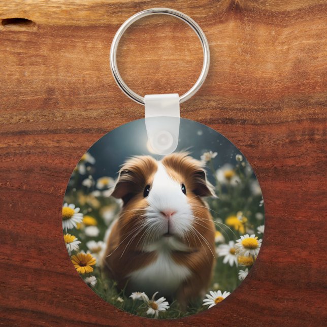 Brown And White Guinea Pig Moon And Daisies, Key Ring (Front)