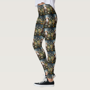 Brown And White Guinea Pig Moon And Daisies, Leggings
