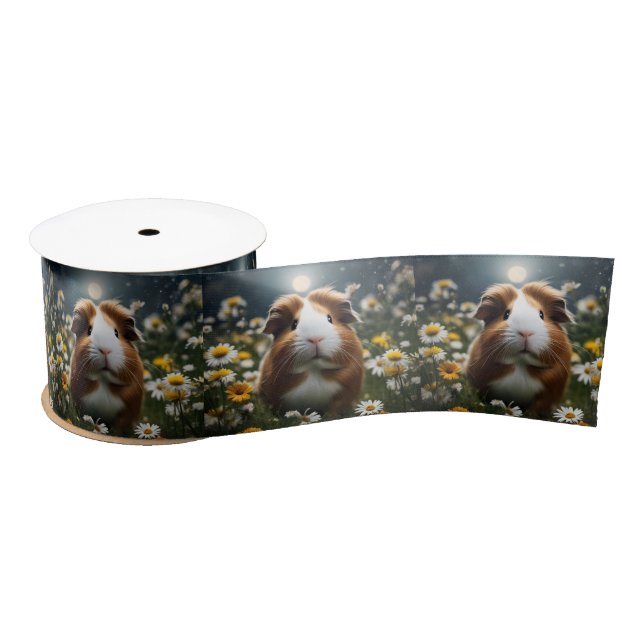 Brown And White Guinea Pig Moon And Daisies, Satin Ribbon (Spool)