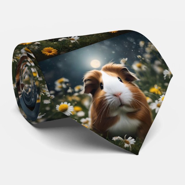 Brown And White Guinea Pig Moon And Daisies, Tie (Rolled)