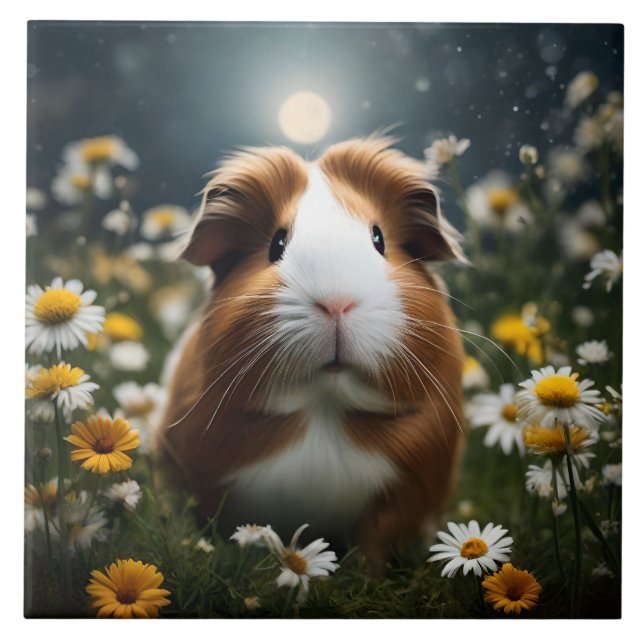 Brown And White Guinea Pig Moon And Daisies, Tile (Front)