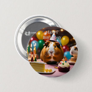 Brown And White Happy Birthday Guinea Pig, 6 Cm Round Badge