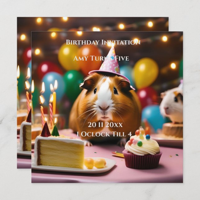 Brown And White Happy Birthday Guinea Pig, Invitation (Front/Back)