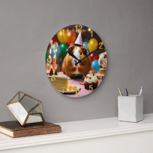 Brown And White Happy Birthday Guinea Pig, Large Clock