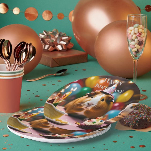 Brown And White Happy Birthday Guinea Pig, Paper Plate (Multi)