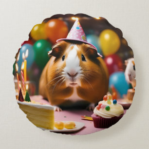 Brown And White Happy Birthday Guinea Pig, Round Cushion