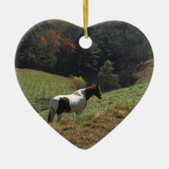 Brown and white horse at autumn pond ceramic tree decoration (Front)