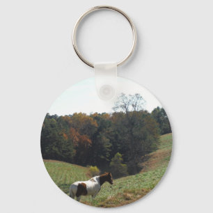 Brown and white horse at autumn pond key ring