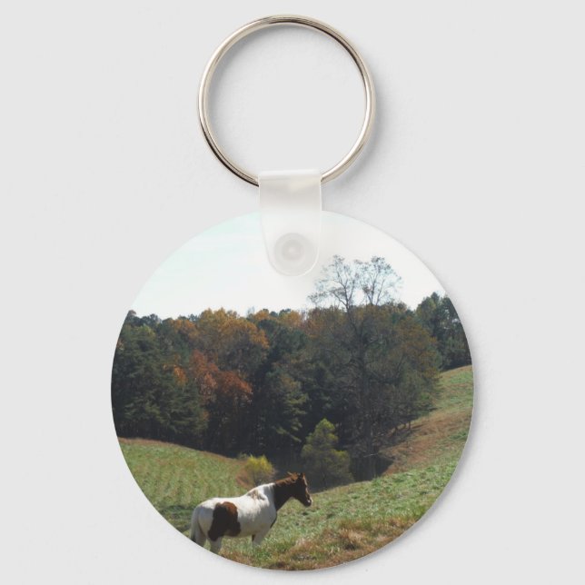 Brown and white horse at autumn pond key ring (Front)