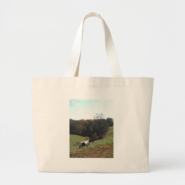Brown and white horse at autumn pond large tote bag (Front)