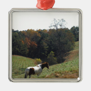 Brown and white horse at autumn pond metal tree decoration