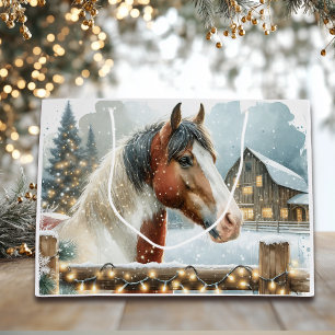 Brown and White Horse Country Christmas Large Gift Bag