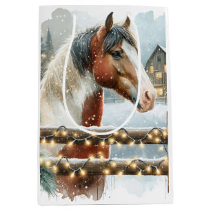 Brown and White Horse Country Christmas Medium Gift Bag