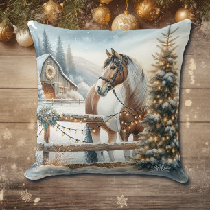 Brown and White Horse Festive Rustic Christmas   Cushion