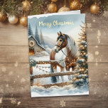 Brown and White Horse Rustic Christmas Gold Foil Greeting Card<br><div class="desc">Pretty festive farm themed Christmas golf foil card. A pretty brown and white horse standing behind an old rustic wood fence with a snowy background and Christmas tree and vintage old red barn.</div>