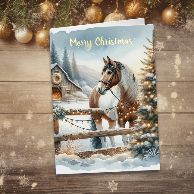 Brown and White Horse Rustic Christmas Gold Foil Greeting Card (Creator Uploaded)