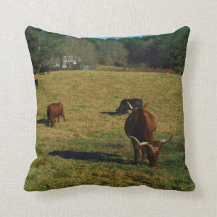 Brown and white longhorn cattle cushion