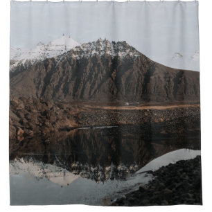 BROWN AND WHITE MOUNTAINS NEAR LAKE DURING DAYTIME SHOWER CURTAIN