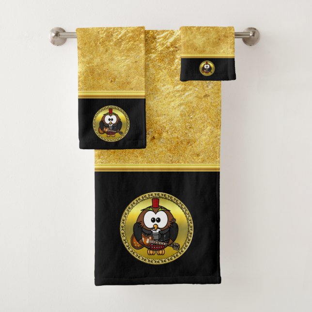Brown and white owl playing a guitar with red hat bath towel set (Insitu)