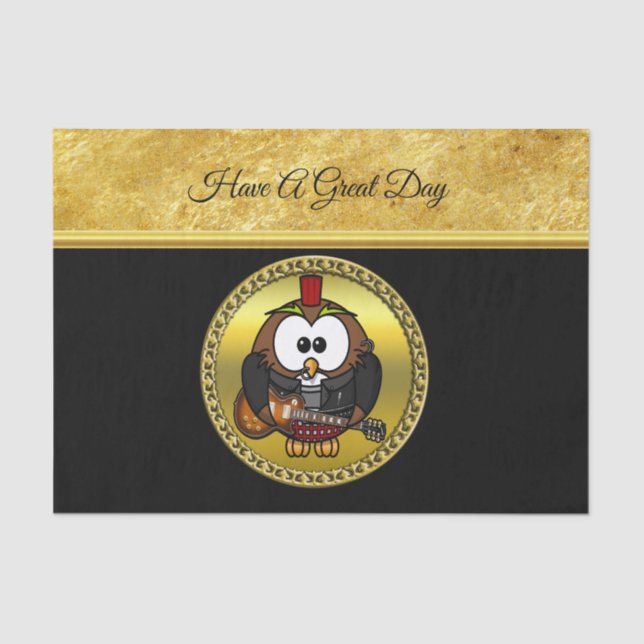 Brown and white owl playing a guitar with red hat tissue paper (Front)