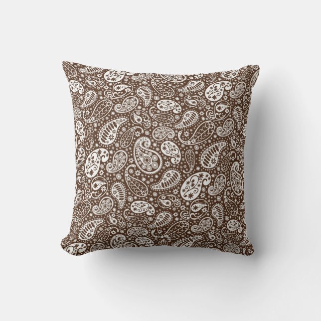 Brown and White Paisley Throw Pillow (Front)