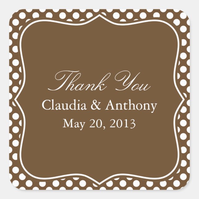 Brown and White Polka Dot Thank You Wedding Square Sticker (Front)