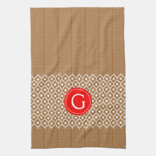 Brown And White Quatrefoil Red Accent Tea Towel