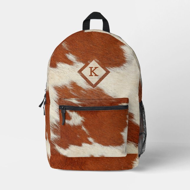 Brown and white realistic cowhide print printed backpack (Front)