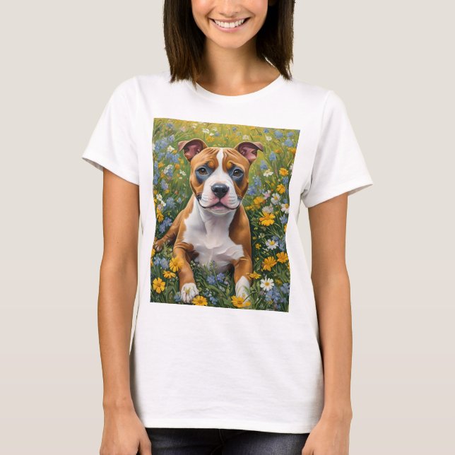 Brown And White Staffordshire Bull Terrier Puppy, T-Shirt (Front)
