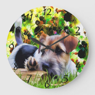 Brown and white Terrier Puppy on the ground Large Clock