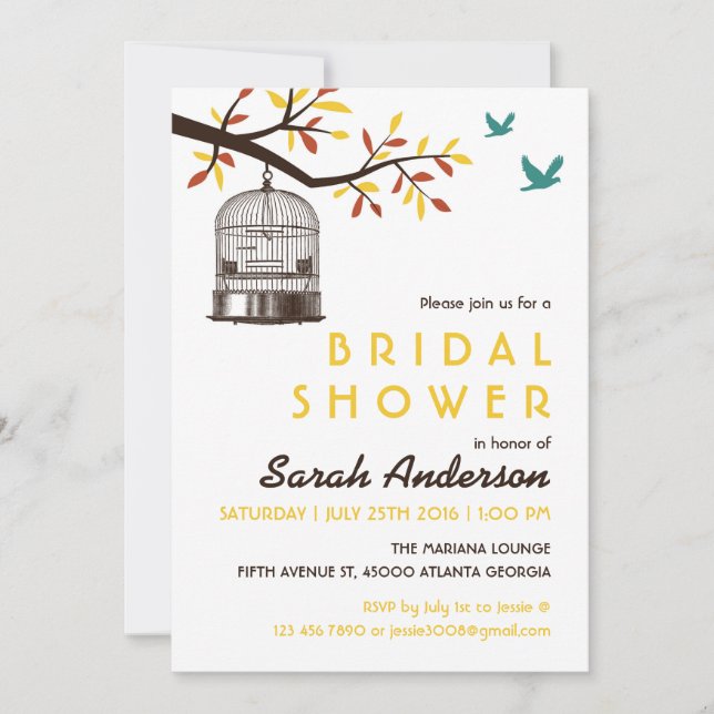Brown and Yellow Bird Cage Fall Shower Invitation (Front)