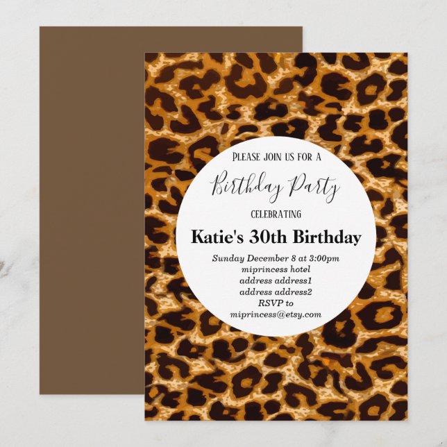 brown  animal print, Leopard ,cheetah birthday Invitation (Front/Back)
