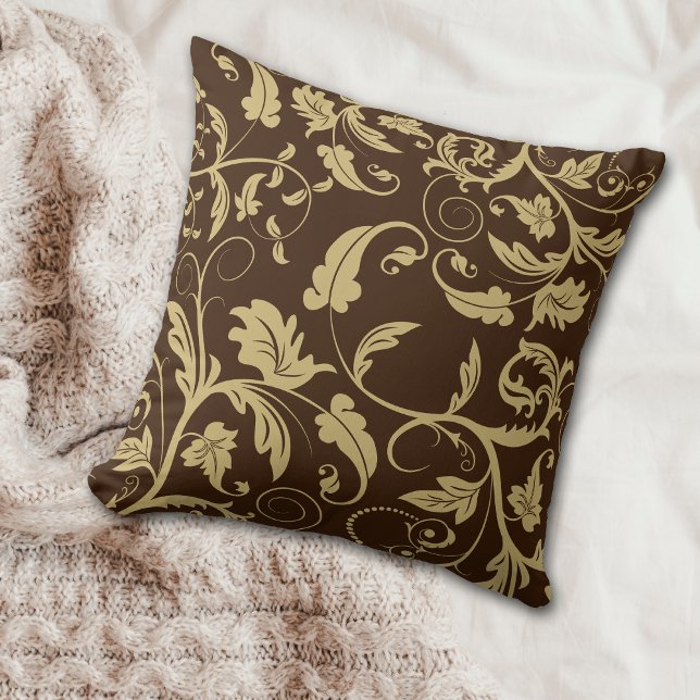 Brown Antique Gold Retro Leaf Swirl Cushion (Creator Uploaded)