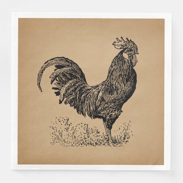 Brown Antique Rooster Illustration Chicken Art Napkin (Front)