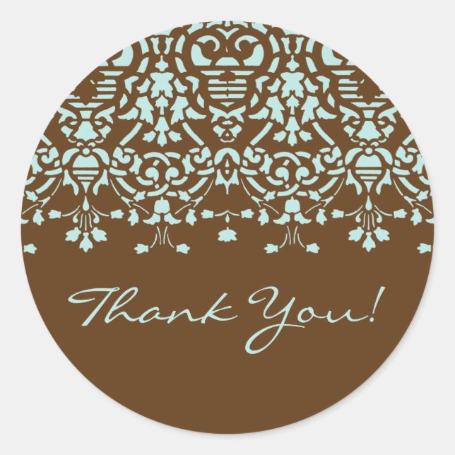 Brown & Aqua Blue Damask Thank You Sticker (Front)