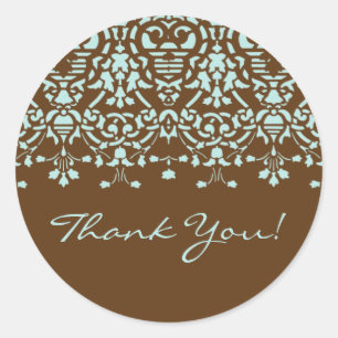 Brown & Aqua Blue Damask Thank You Sticker