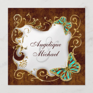 Brown aqua gold country wedding invitation