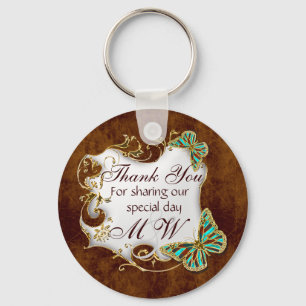 Brown aqua gold wedding favours key ring