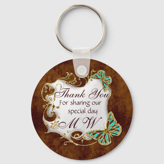 Brown aqua gold wedding favours key ring (Front)