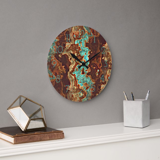 Brown Aqua Teal Turquoise Green Geode Marble Art Large Clock (Office)