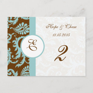 Brown & Aqua Trim Damask Swirls Table Number Cards