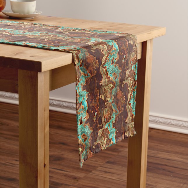 Brown Aqua Turquoise Green Geode Marble Art Medium Table Runner (In Situ)
