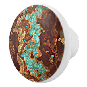Brown Aqua Turquoise Green Geode Marble Pattern Ceramic Knob