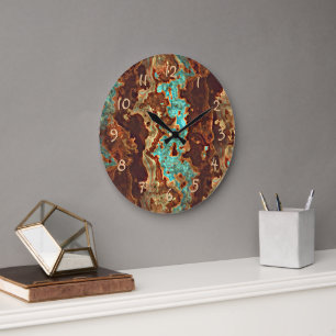 Brown Aqua Turquoise Green Geode Marble Pattern Large Clock