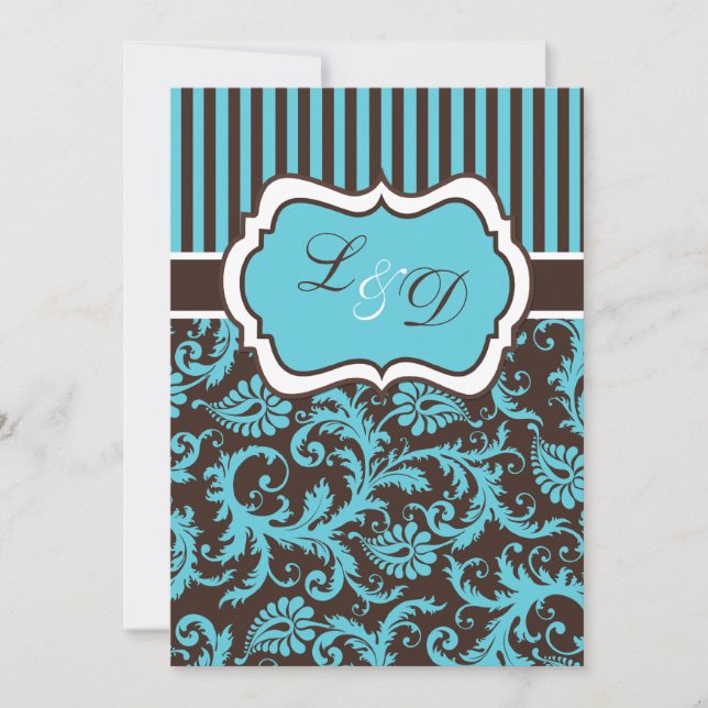 Brown, Aqua, White Striped Damask Wedding Invite (Front)