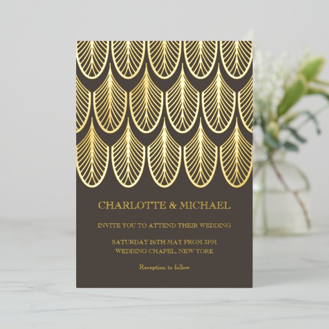 Brown Art Deco Vintage gold Foil Invitation (Standing Front)