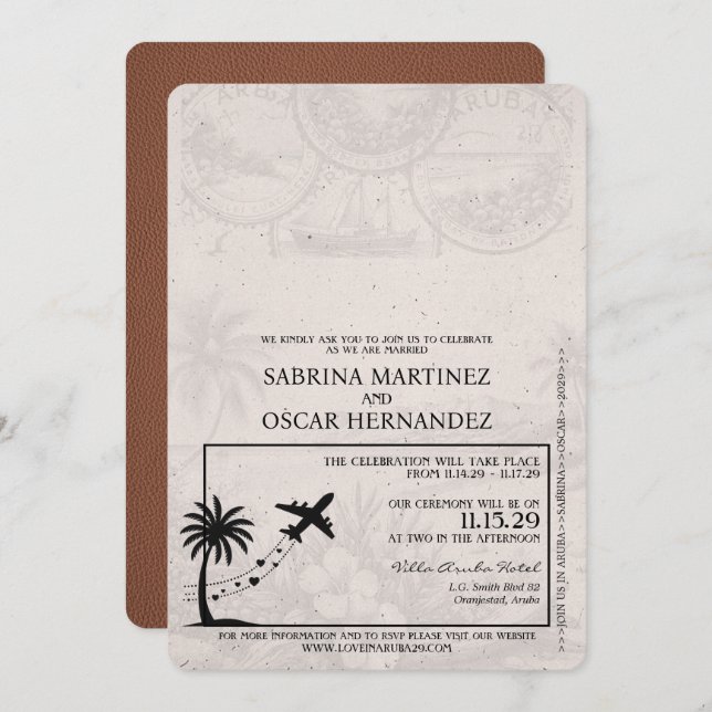Brown Aruba Passport Wedding Invitation (Front/Back)